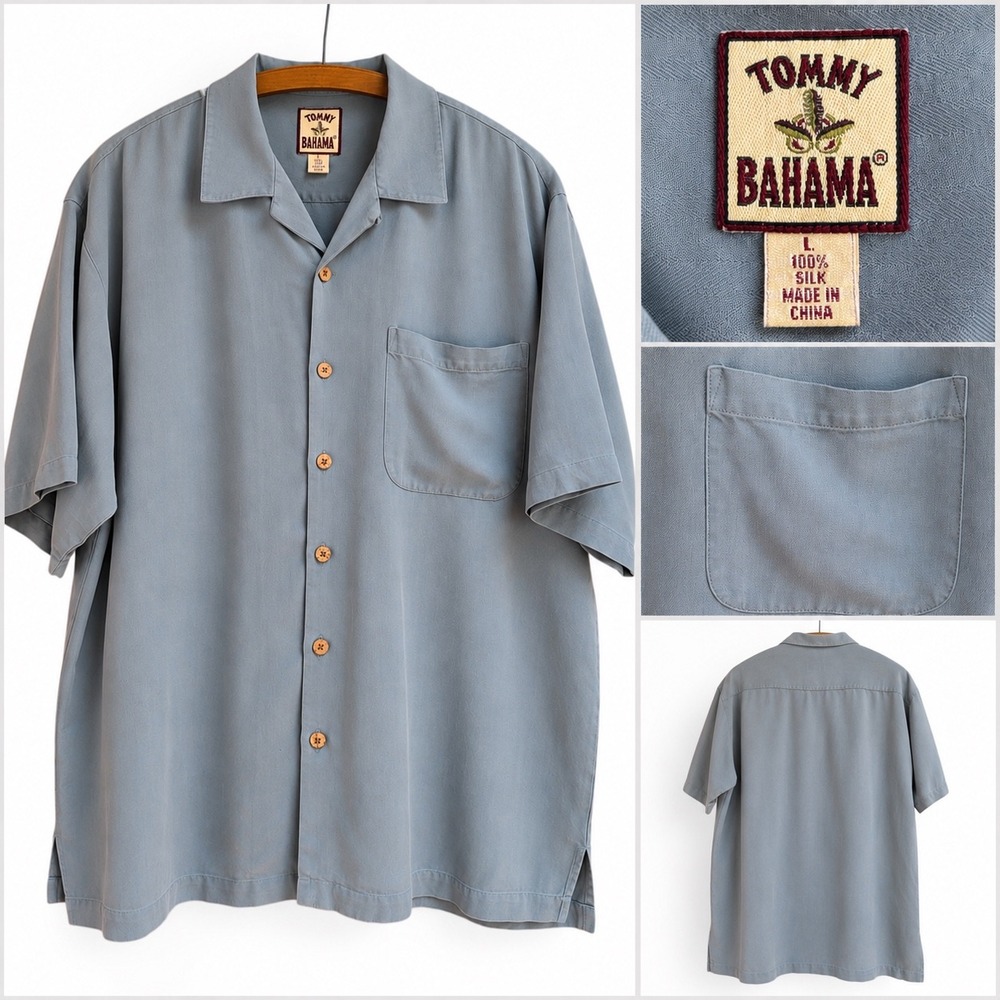 Tommy Bahama Mens Silk Camp Button Down Shirt Blue Grey Large Short Sleeve
